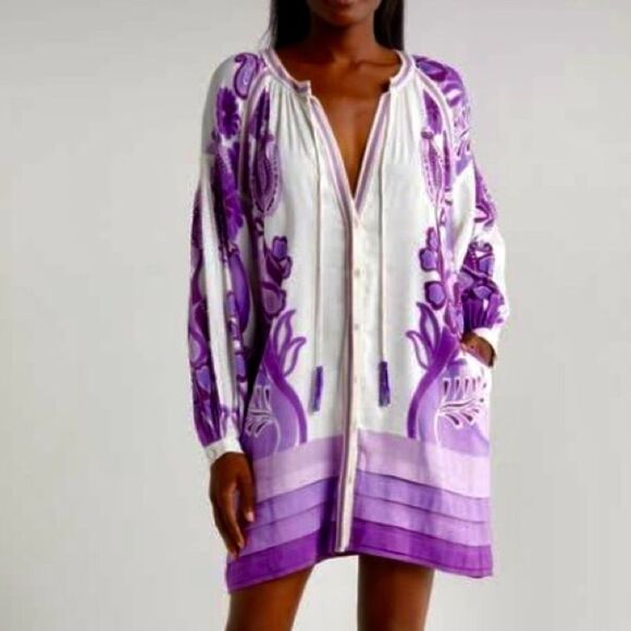 NEW FARM Rio Color Festival Cream Cover-Up Mini Dress Beaded Tassels Size L - Picture 1 of 15